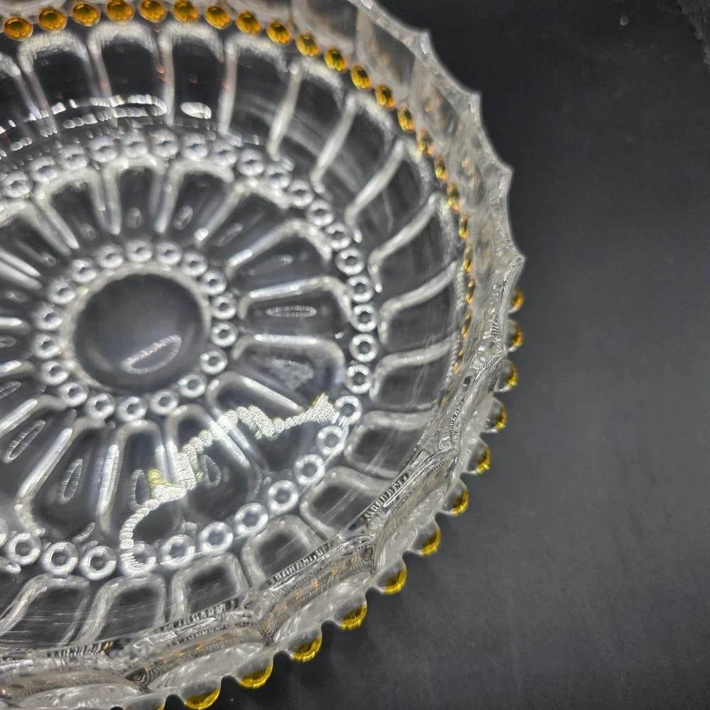 Vintage Pressed Glass Bowl Scalloped Edge Amber Bead Trim Clear Centerpiece 8.5